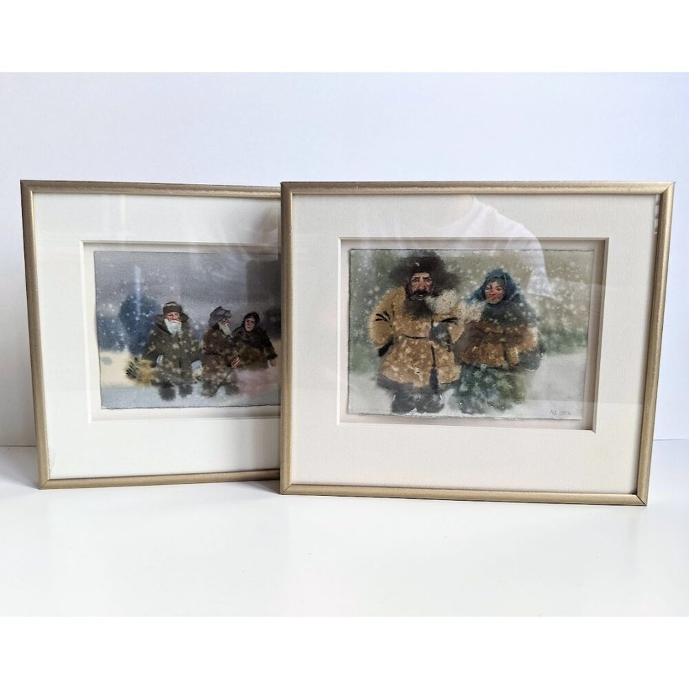 Original Watercolor Painting "Snow" (3 People) St Petersburg Russia - Picture 14 of 14